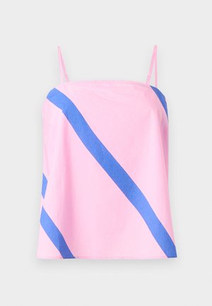 Rózsaszín ujjatlan trikó vékony pántokkal, széles, átlós kék csíkokkal az elején és az oldalán.