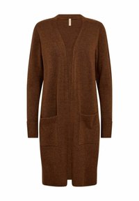 Long, open-front cardigan in a rich brown tone. Made of a soft, textured knit, featuring two front pockets and ribbed cuffs.