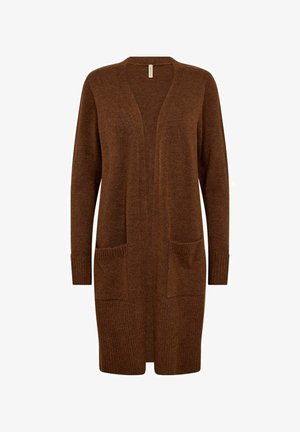 Langer Cardigan mit offener Vorderseite in einem rich braunen Farbton. Hergestellt aus einem weichen, strukturierten Strick, mit zwei vorderen Taschen und gerippten Bündchen.