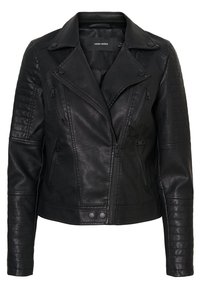 Giacca da biker in pelle nera con accenti trapuntati sulle spalle, chiusura con zip asimmetrica e due tasche frontali con zip. Tessuto liscio e vestibilità su misura.