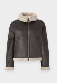 Brun skinnjakke med glidelås, kremfarget faux fur krage og mansjetter, med sidelommer. Jevn tekstur med cropped design.