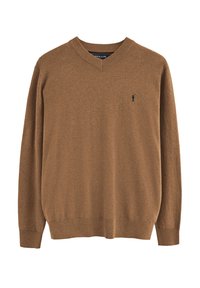 Brun v-ringad tröja i mjukt stickat material, med långa ärmar och en liten broderad logotyp på vänster bröst.