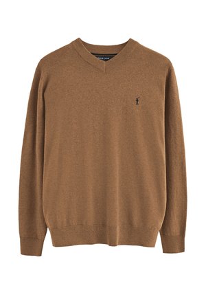 Bruine v-hals trui gemaakt van zacht gebreid materiaal, met lange mouwen en een klein geborduurd logo op de linkerborst.