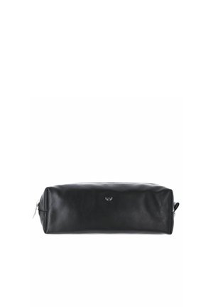 Rectangular black leather pouch with zipper closure, subtle embossed logo on center, and pull tab on one end.