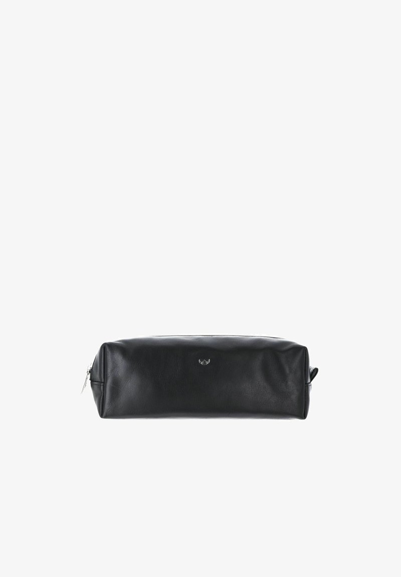 Pochette rectangulaire en cuir noir avec fermeture éclair, logo embossé subtil au centre et languette de tirage à une extrémité.