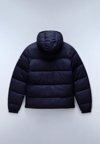 Marineblå pufferjakke med hætte, der har et quiltet design, glat tekstur, elastiske manchetter og en lille logo på venstre skulder.