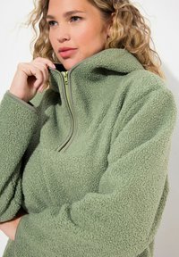 Zielony polarowy sweter z wysokim kołnierzem, z przednim zamkiem błyskawicznym i teksturowanym materiałem. Gładkie wykończenie podkreśla kołnierz i mankiety.