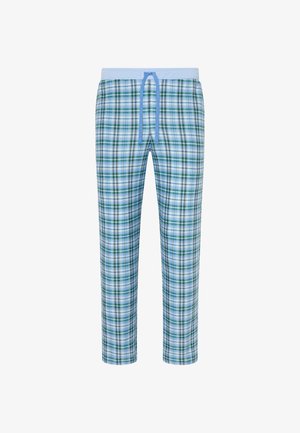 Blå og grønternet pyjamasbukser med en lys blå elastisk talje og matchende snor, lige ben.