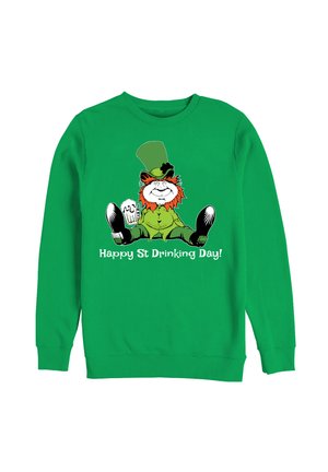 Grüner Sweatshirt mit einem Cartoon-Leprechaun, der ein Bier hält, Text "Frohen St. Trinktag!" in Weiß, mit langen Ärmeln und Rundhalsausschnitt.