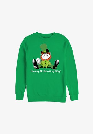 Grøn sweatshirt med en tegneserie leprechaun med øl, tekst der siger "Glad St. Drikningsdag!" i hvid, lange ærmer, rund hals design.