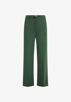 Tumši zaļas taisnas bikses ar augstu jostasvietu, priekšpusē ar pogu un slēptu rāvējslēdzēju, bez redzamām kabatām vai rakstiem.