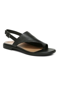 Black leather sandal with open toe and side strap. Features a textured upper, flat sole, and an adjustable buckle for fit.