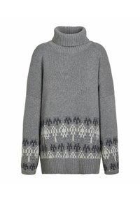 Maglione grigio a dolcevita con texture a coste, caratterizzato da una banda inferiore decorata in grigio scuro e bianco. Vestibilità oversize con spalle scese.