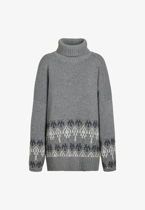 Grauer Rollkragenpullover mit gerippter Struktur und einem gemusterten unteren Bund in Dunkelgrau und Weiß. Oversized-Passform mit eingesetzten Schultern.