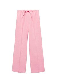Pink linen wide-leg pants with an elastic waistband and tie detail. The fabric is lightweight and has a textured finish.