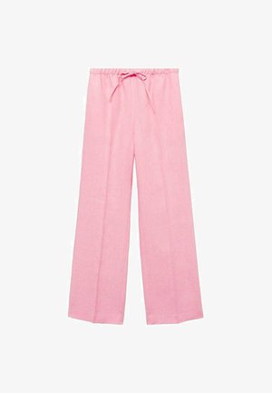 Pantaloni palazzo in lino rosa con vita elastica e dettaglio a fiocco. Il tessuto è leggero e ha una finitura testurizzata.