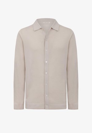 Hellbeiges, langärmeliges Hemd mit Knöpfen, Kragen, sieben vorderen Knöpfen und geradem Saum.