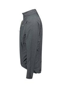 Grau Windbreaker-Jacke mit hohem Kragen und Reißverschluss vorne. Verfügt über elastische Bündchen und seitliche Nähte. Leichter Stoff mit glatter Textur.