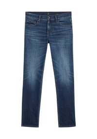 Niebieskie dżinsy z prostą nogawką, klasycznym fasonem z pięcioma kieszeniami oraz subtelnymi przetarciami z przodu.