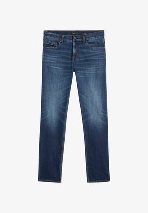 Niebieskie dżinsy z prostą nogawką, klasycznym fasonem z pięcioma kieszeniami oraz subtelnymi przetarciami z przodu.