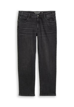 Black straight-leg jeans made of denim with a smooth texture, five pockets, and a button-fly closure. Features subtle fading on the thighs.