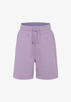 Lila bomullsblandning shorts med elastisk midja, dragsko, sidofickor och en subtil leende ansikte logotyp detalj. Mjuk textur.