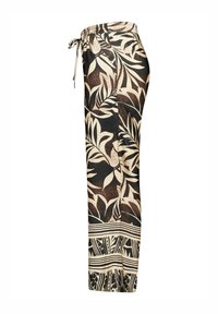 Schwarz- und braun gemusterte Hose aus leichtem Material. Verfügt über einen elastischen Bund mit Kordelzug und ein weites Bein-Design.