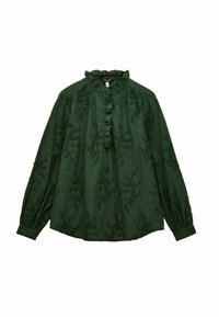 Grüne bestickte Bluse mit Rüschensaum, langen Ärmeln und Blumenmustern. Glatte Textur und lässige Passform.