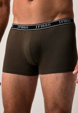 Boxers-briefs vert foncé en tissu doux, avec une ceinture noire arborant le logo blanc "JP1880". Design simple et ajusté avec une texture lisse.