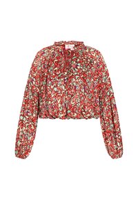 Rode cropped blouse met een bloemenpatroon in tinten van groen, paars en room. Heeft lange, opgezette mouwen en een geraffineerde halslijn.