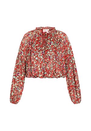Piros cropped blúz virágmintával zöld, lila és krémszínekben. Hosszú puffos ujjakkal és redőzött nyakkivágással rendelkezik.