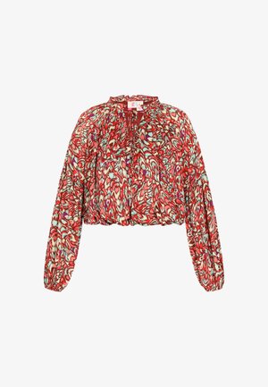 Piros cropped blúz virágmintával zöld, lila és krémszínekben. Hosszú puffos ujjakkal és redőzött nyakkivágással rendelkezik.