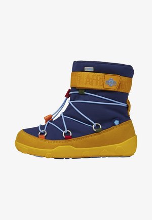 Waterproof blue textile boot with a yellow synthetic sole, elastic lacing system, and a padded ankle strap featuring vibrant accent colors.