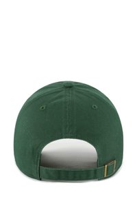 Grünes Cap aus Baumwollmaterial, runde Form und mit einer Öffnung auf der Rückseite. Verfügt über eine verstellbare Messing-Schnalle am Riemen. Strukturierter Stoff.