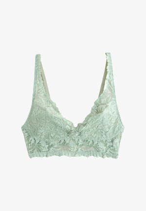 Čipkasti bralet v mehko mint zeleni barvi, z cvetličnim vzorcem, valovitimi robovi in trikotnimi skodelicami ter nastavljivimi naramnicami.