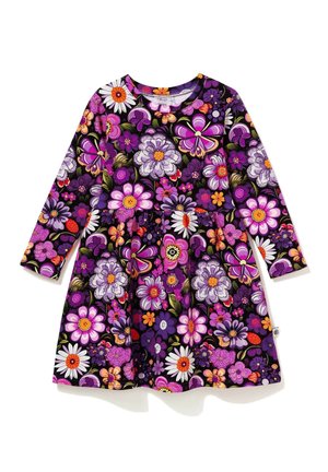 Czarna sukienka z długim rękawem w jaskrawy fioletowy, biały i pomarańczowy wzór kwiatowy, z okrągłym dekoltem i marszczoną talią, dla dziewczynek.