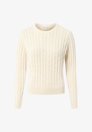 Cremefarbener Pullover aus Kabelstrick mit langen Ärmeln, gerippten Bündchen und Saum, Rundhalsausschnitt, vor einem weißen Hintergrund präsentiert.