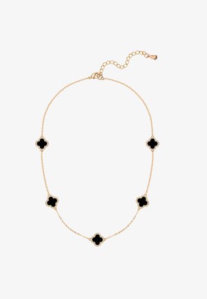 Collar de cadena de oro con cinco colgantes negros en forma de trébol de cuatro hojas, cada uno bordeado con pequeñas piedras claras, y cierre ajustable.