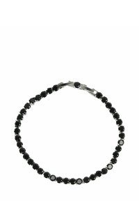 Bracciale in cristallo nero con una serie di pietre rotonde montate su griffe in metallo, dotato di una chiusura sicura, texture liscia e forma uniforme.