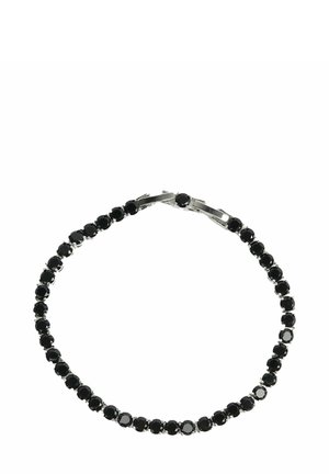 Bracciale in cristallo nero con una serie di pietre rotonde montate su griffe in metallo, dotato di una chiusura sicura, texture liscia e forma uniforme.