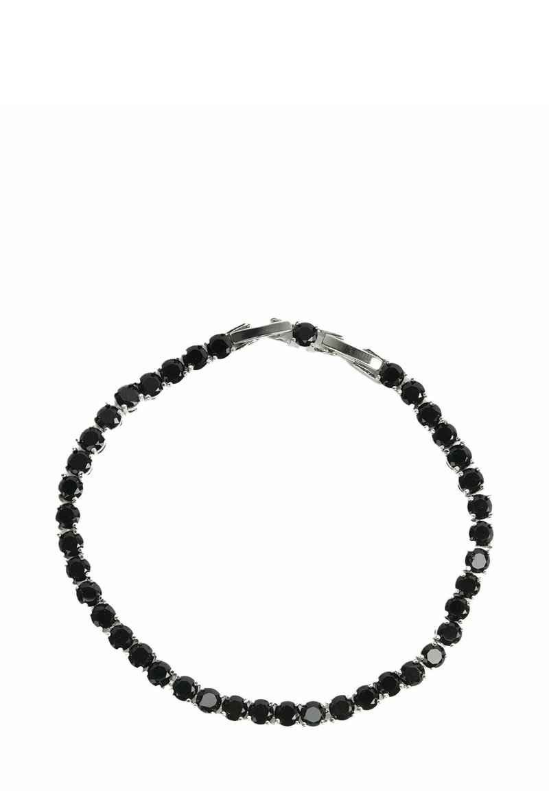 Bracciale in cristallo nero con una serie di pietre rotonde montate su griffe in metallo, dotato di una chiusura sicura, texture liscia e forma uniforme.
