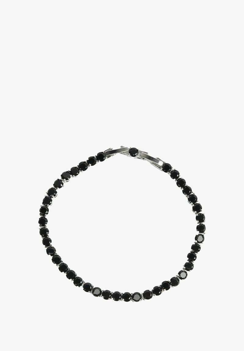 Bracciale in cristallo nero con una serie di pietre rotonde montate su griffe in metallo, dotato di una chiusura sicura, texture liscia e forma uniforme.