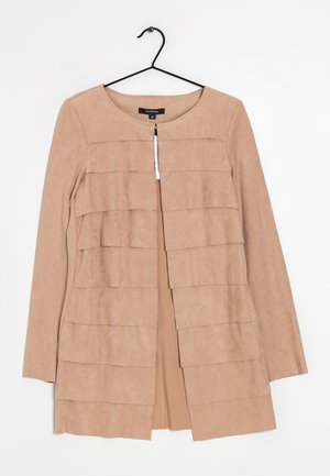 Beige faux suede jacket with a round neck, featuring layered horizontal panels and a front zipper closure. Long sleeves and minimalist design.