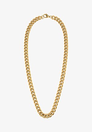 Collar de cadena de metal dorado con eslabones gruesos y un acabado brillante, además de un cierre seguro. El diseño es audaz y versátil.