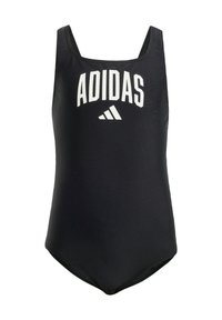 Čierny jednodielny plavky vyrobené z hladkej tkaniny s bielym logom "ADIDAS" na hrudi. Klasický športový dizajn so zaobleným výstrihom.