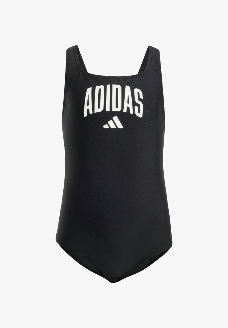 Čierny jednodielny plavky vyrobené z hladkej tkaniny s bielym logom "ADIDAS" na hrudi. Klasický športový dizajn so zaobleným výstrihom.