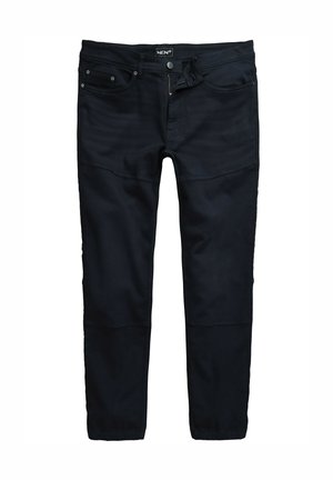 Dunkelblaue Denim-Hosen im Slim Fit, mit Vordertaschen, einem Knopfverschluss und dezenten Nähten. Glatte Textur über die gesamte Fläche.