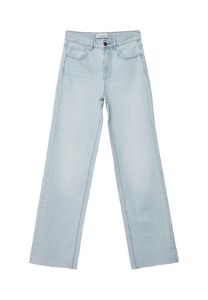 Jean large bleu clair en denim. Doté de cinq poches, d'un zip à bouton et de détails décolorés. Coupe droite classique avec une coupe ample.