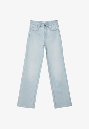 Hellblaue weit geschnittene Jeans aus Denim. Verfügt über fünf Taschen, einen Knopfverschluss und ausgeblichene Details. Klassischer gerader Schnitt mit lockerer Passform.