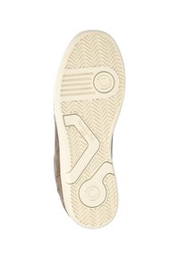 Schuhsohle mit einer strukturierten, cremfärbigen Gummisohle, die ein Wellenmuster aufweist und einem Obermaterial aus braunem Wildleder. Enthält Logo und Designelemente auf der Sohle.